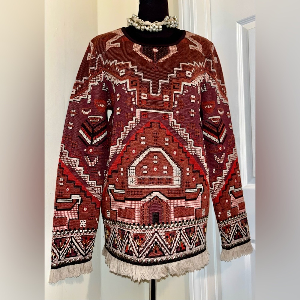 Bohemian Aztec Print Red and Brown Patterned w Embellishments Tunic Pullover